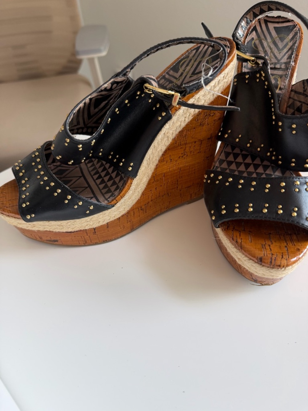 Jessica Simpson Black Wedge Sandals with Gold Studs